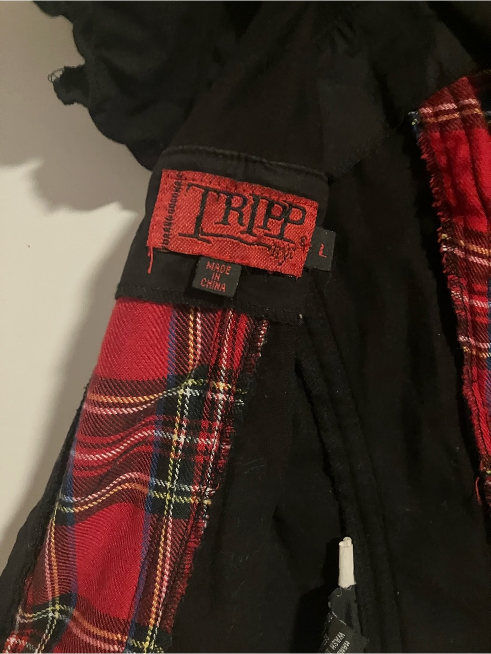 Tripp NYC Black Top with Red Tartan Panel Gothic Emo Punk Alt - Picture 3 of 3
